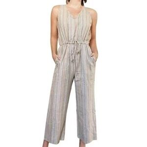 DREW Anthropologie Cotton Striped Sleeveless V-Neck Jumpsuit